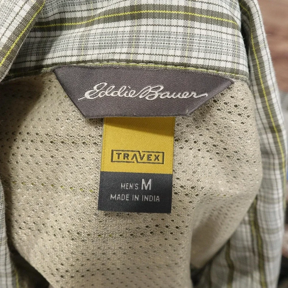 Eddie Bauer Shirt Mens M Green Plaid Short Sleeve Button-Up Travex Vented Travel